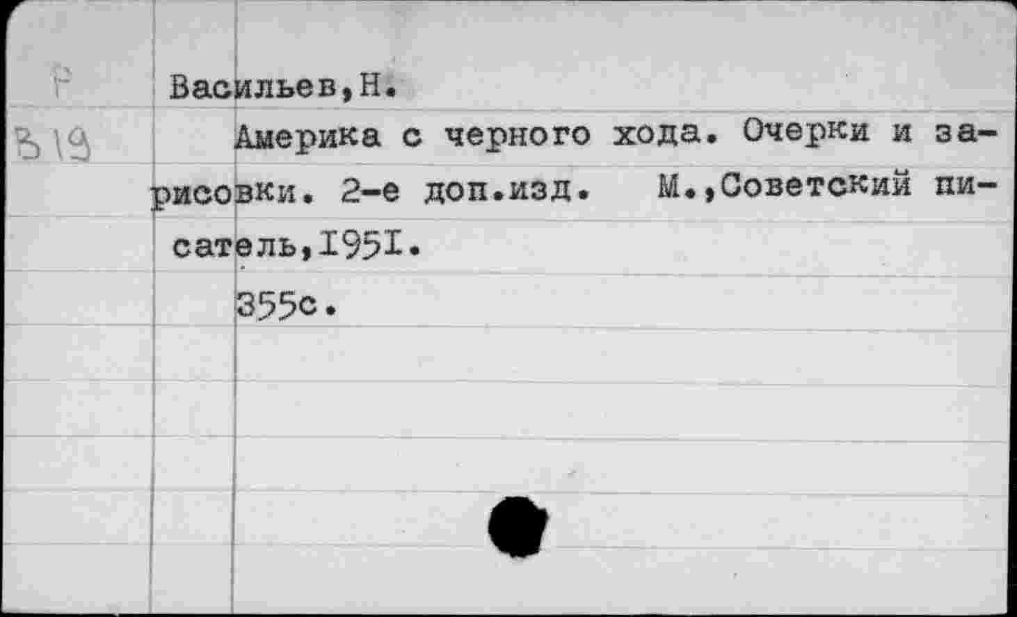 ﻿Васильев,Н.
Америка с черного хода. Очерки и за рисовки. 2-е доп.изд. М.,Советский пи сатель,1951«
355с.